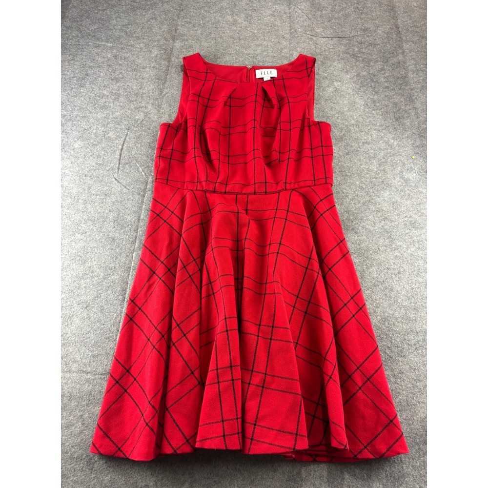 ELLE Red Black Windowpane Plaid Fit and Flare Sleeveless Dress Size 12 Preppy